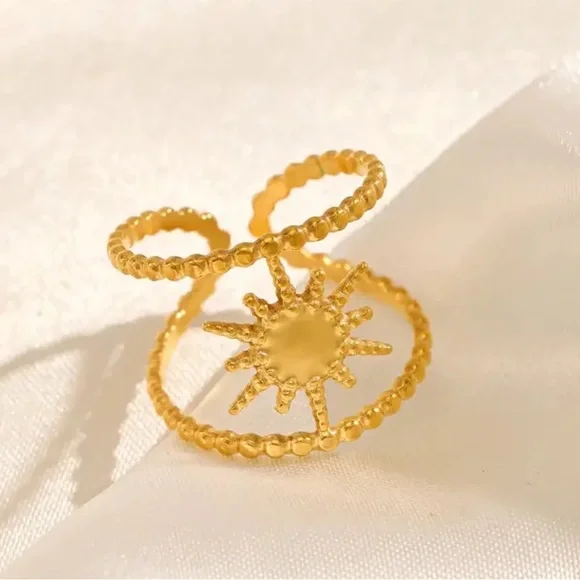 Stainless Steel Gold Tone Sunburst Adjustable Ring (R42) - Picture 6 of 10